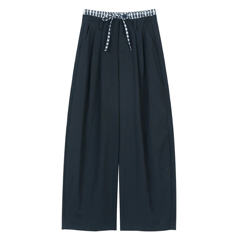 Plaid Panel Wide Leg Boyfriend Fit Trousers — vista frontale