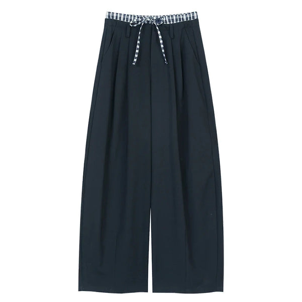 Plaid Panel Wide Leg Boyfriend Fit Trousers — vista frontale
