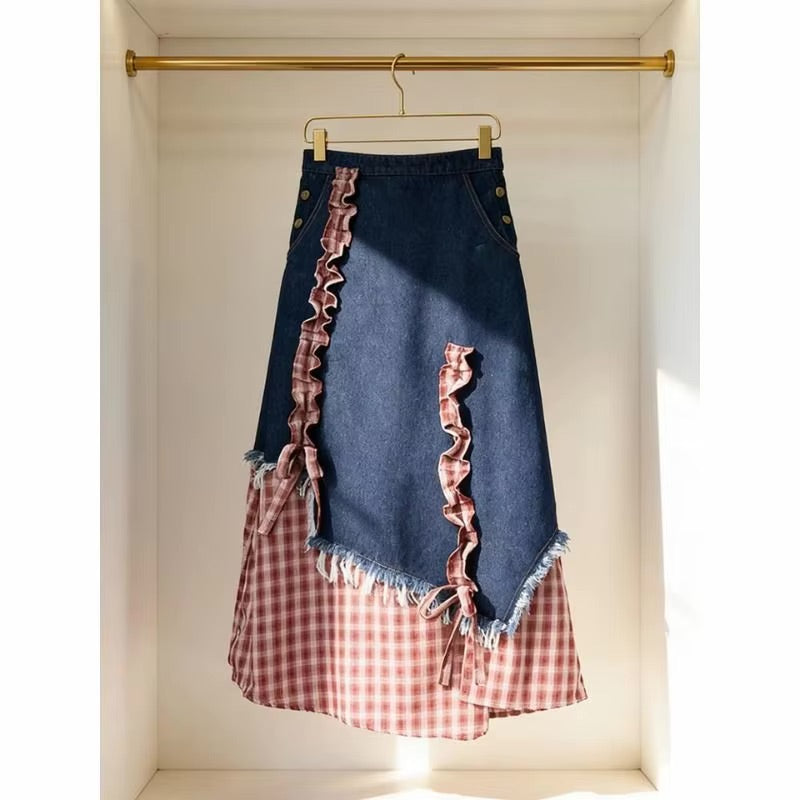 Plaid Patchwork Denim A Line Midi Skirt — vista posteriore