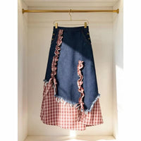Plaid Patchwork Denim A Line Midi Skirt — vista posteriore