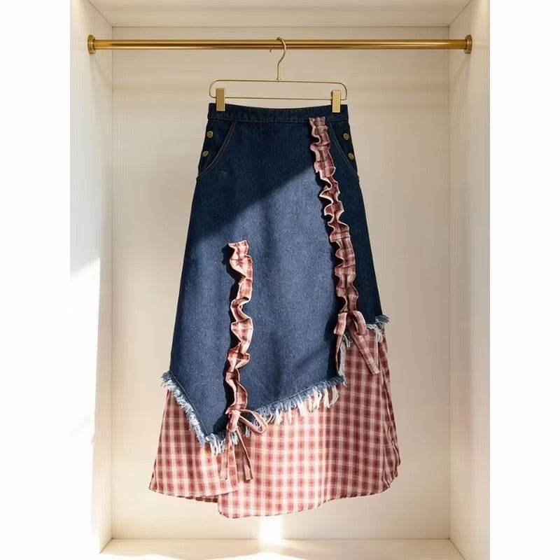 Plaid Patchwork Denim A Line Midi Skirt — dettaglio