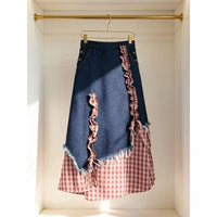 Plaid Patchwork Denim A Line Midi Skirt — dettaglio