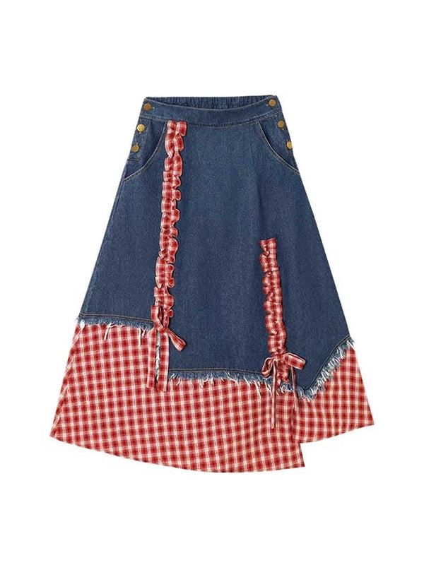 Plaid Patchwork Denim A Line Midi Skirt — vista frontale