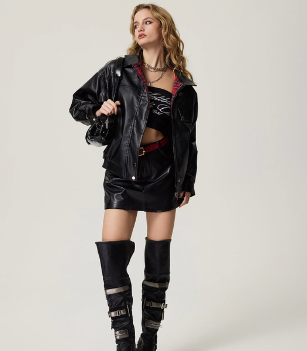 Plaid Patchwork Faux Leather Reversible Jacket — dettaglio della stampa