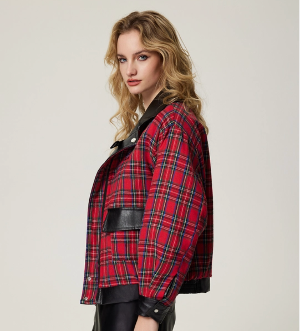 Plaid Patchwork Faux Leather Reversible Jacket — vista laterale