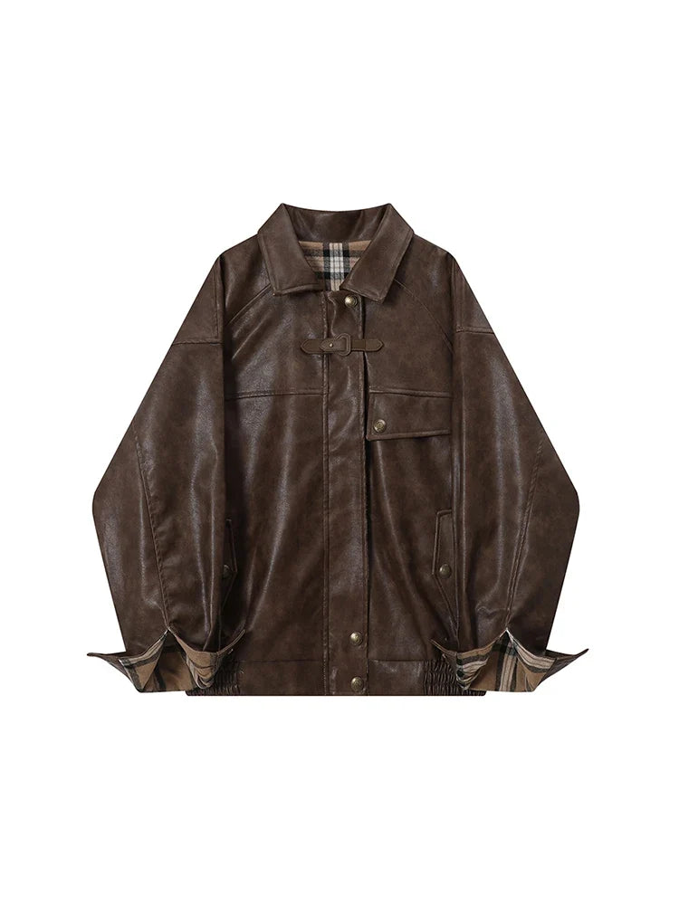 Plaid Patchwork Faux Leather Reversible Jacket — vista frontale