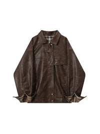 Plaid Patchwork Faux Leather Reversible Jacket — vista frontale