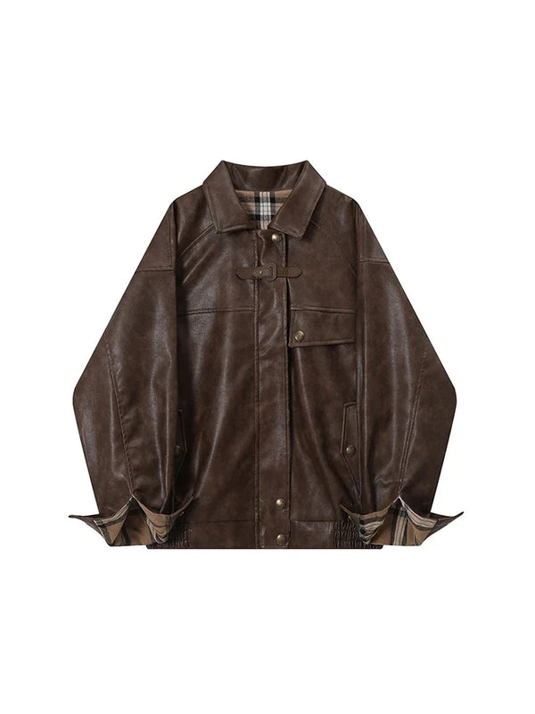 Plaid Patchwork Faux Leather Reversible Jacket — vista frontale