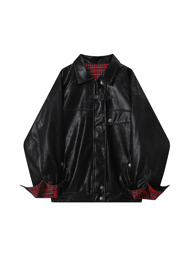 Plaid Patchwork Faux Leather Reversible Jacket — vista posteriore