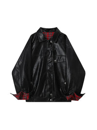 Plaid Patchwork Faux Leather Reversible Jacket — vista posteriore