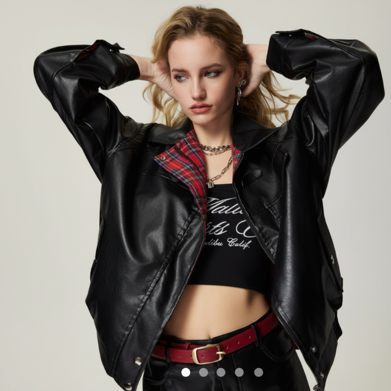 Plaid Patchwork Faux Leather Reversible Jacket — dettaglio