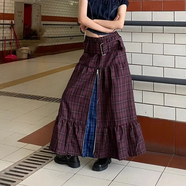 Plaid Patchwork Maxi Skirt — vista frontale