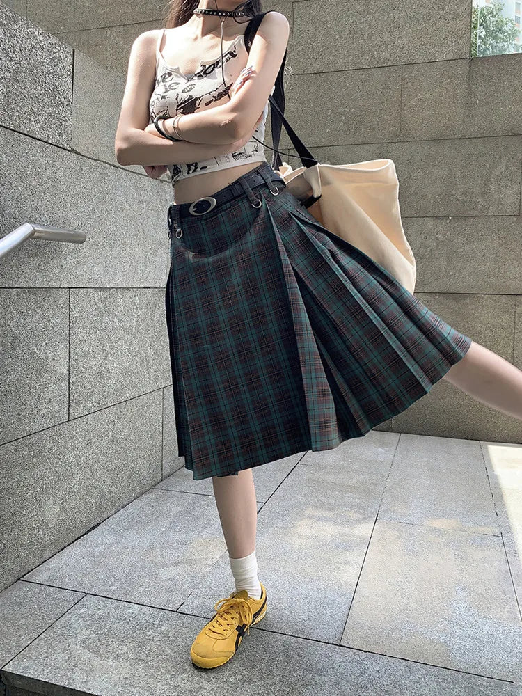 Plaid Pleated High Waist Flowy Midi Skirt — dettaglio della stampa
