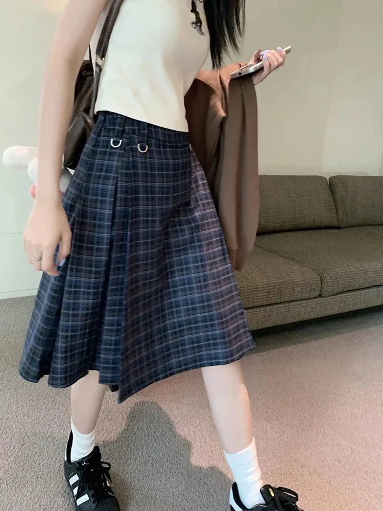 Plaid Pleated High Waist Flowy Midi Skirt — vista laterale