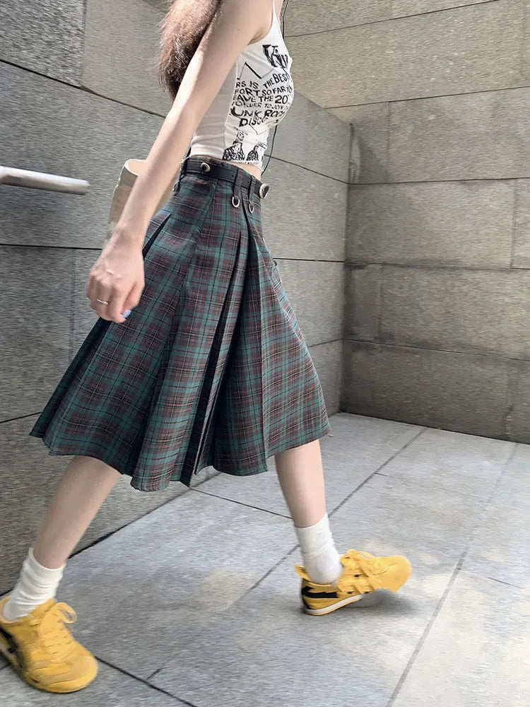 Plaid Pleated High Waist Flowy Midi Skirt — dettaglio