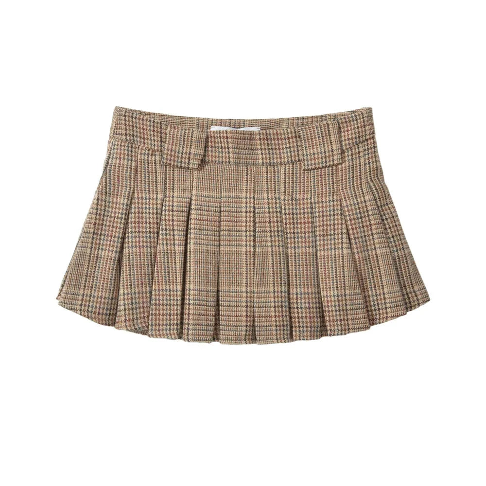 Plaid Pleated Khaki Mini Skirt — vista frontale