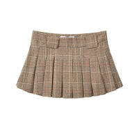 Plaid Pleated Khaki Mini Skirt — vista frontale