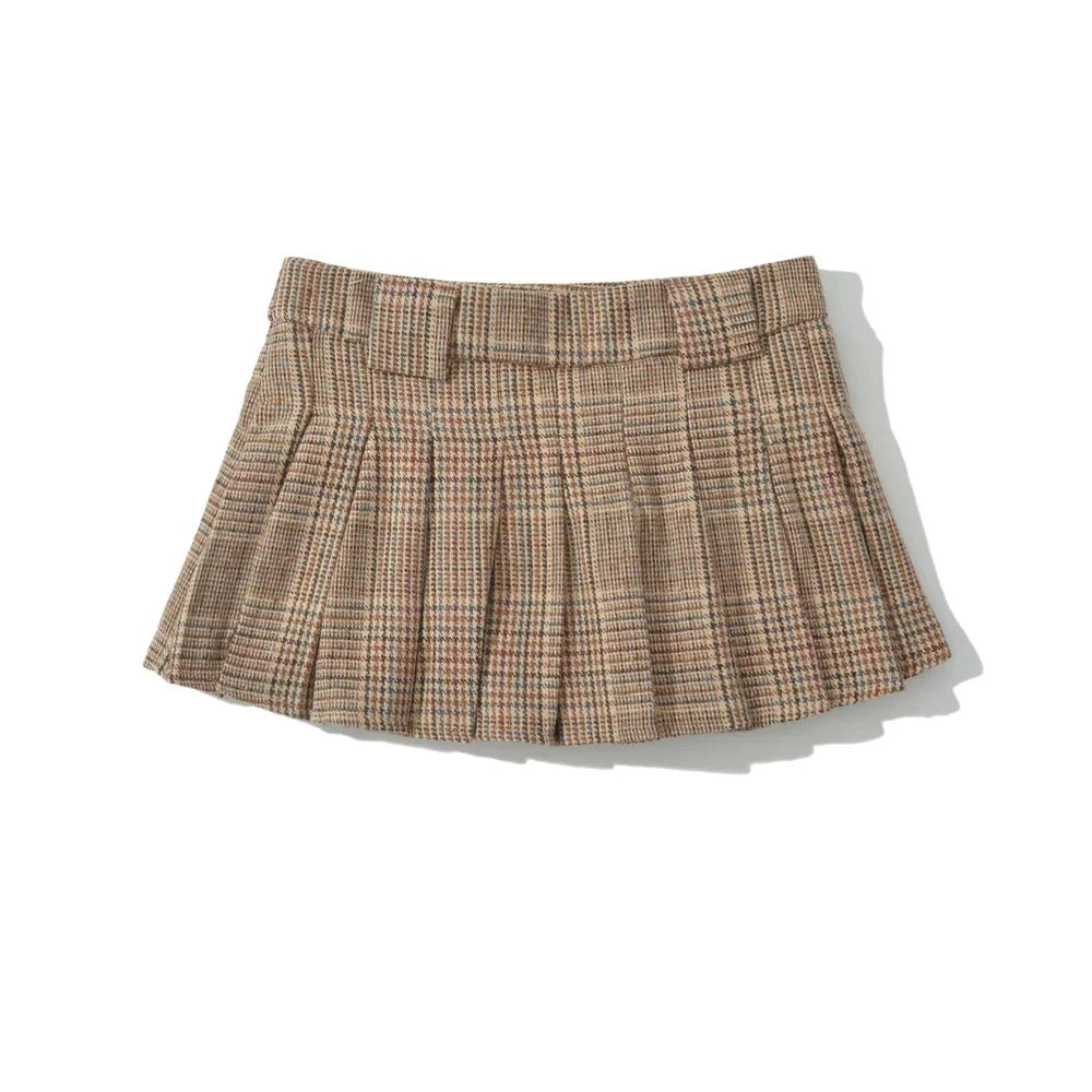 Plaid Pleated Khaki Mini Skirt — vista laterale