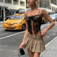 Plaid Pleated Khaki Mini Skirt — vista posteriore