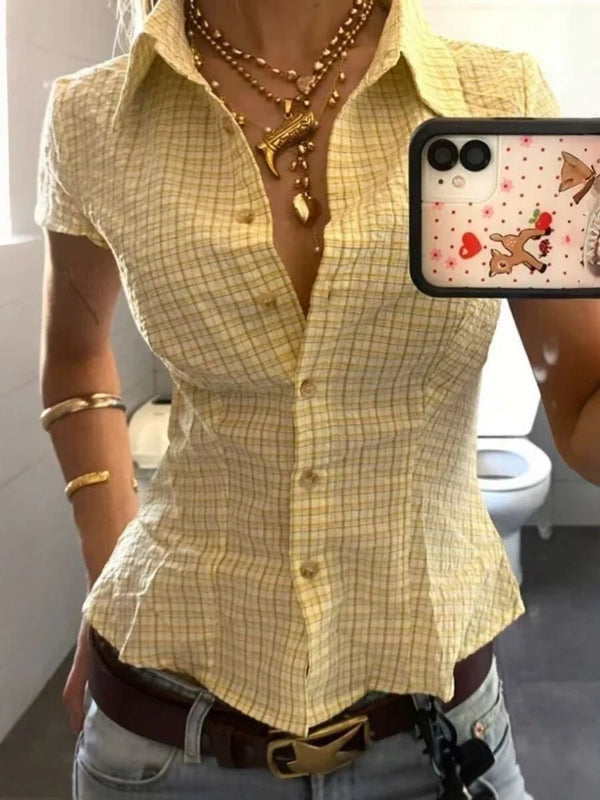 Y2K Plaid Short Sleeve  Ruffled Hem Button Up Collared Shirt
