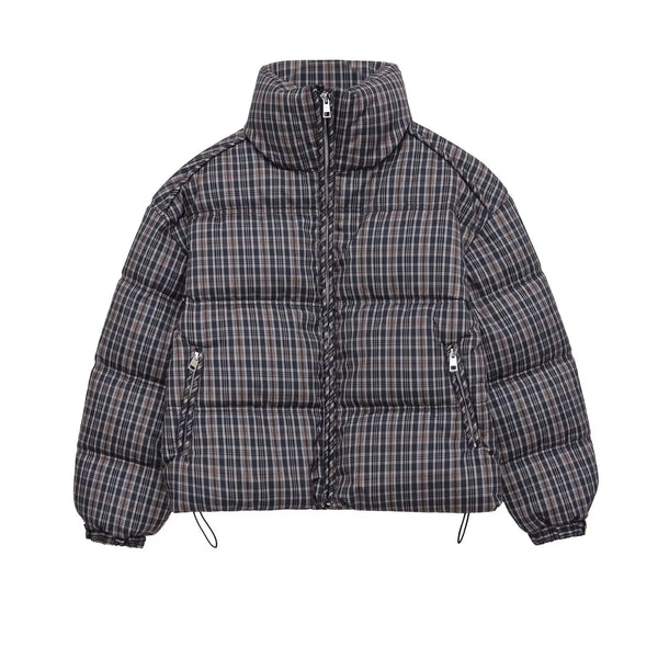 Plaid Stand Collar Padded Puffer Jacket Coat — vista frontale