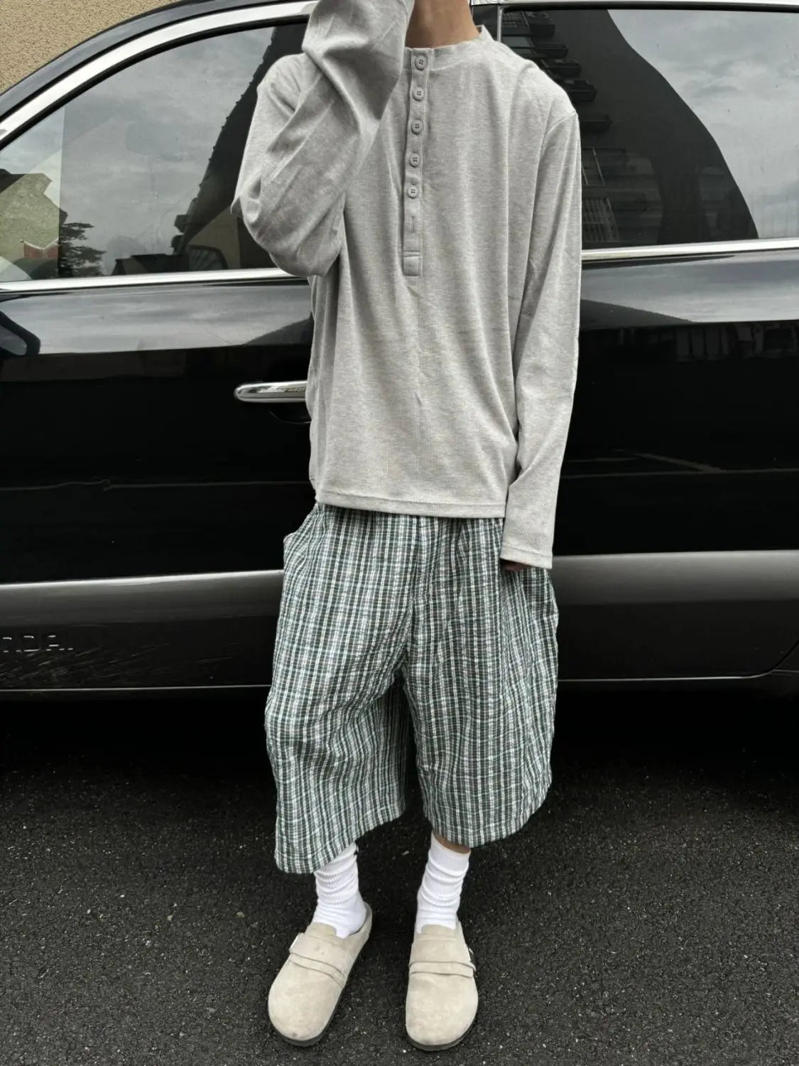 Plaid Thin Long Shorts Jorts — vista frontale