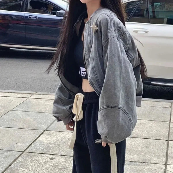 Y2K Pleated Baggy Cropped Denim Zip Up Jacket