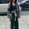 Y2K Pleated Baggy Cropped Denim Zip Up Jacket