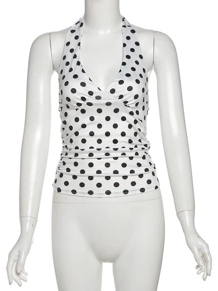 Polka Dot Low Cut Backless Halter Top — vista completa