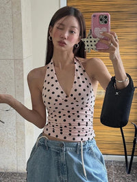 Polka Dot Low Cut Backless Halter Top — vista posteriore