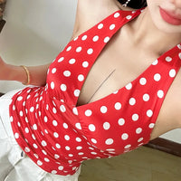 Polka Dot Low Cut Backless Halter Top — dettaglio della stampa