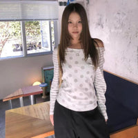 Polka Dot Striped Long Sleeve Off Shoulder Top — dettaglio