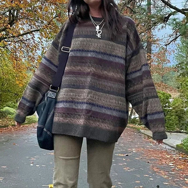 Preppy Grunge Striped Knitted Sweater — vista frontale