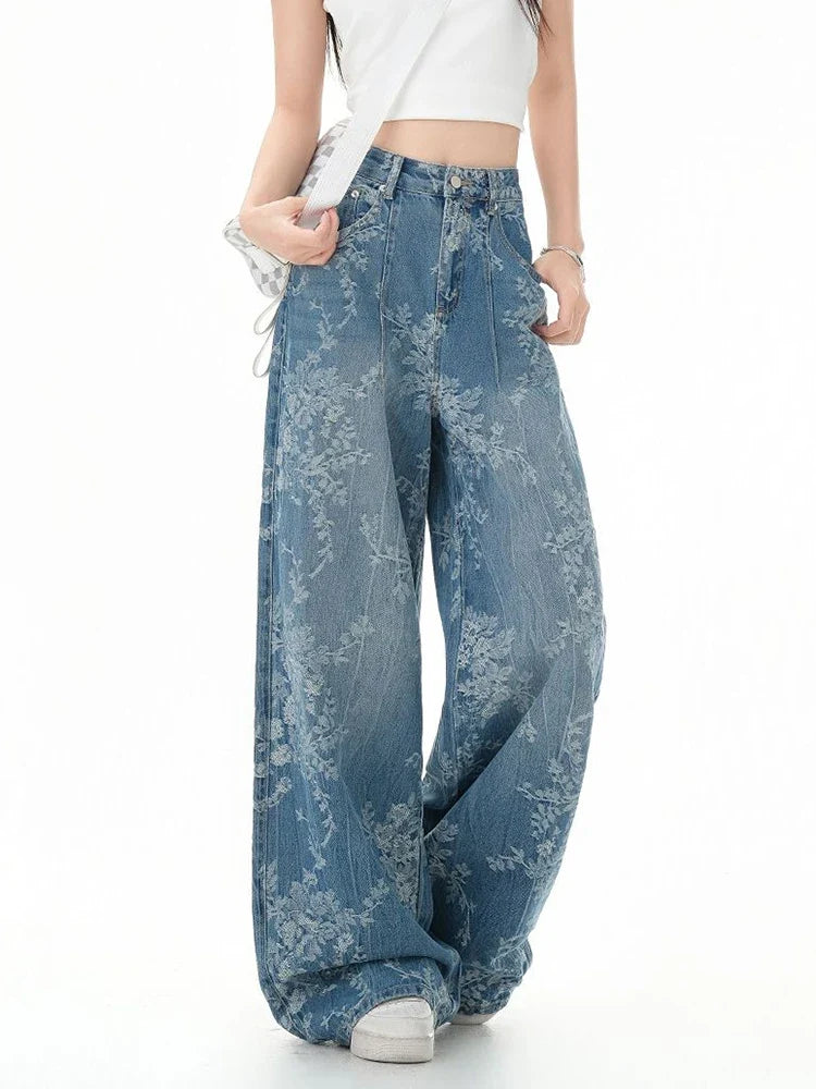 Printed Retro Floral Denim High Waist Jeans — vista posteriore