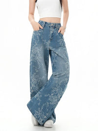 Printed Retro Floral Denim High Waist Jeans — dettaglio