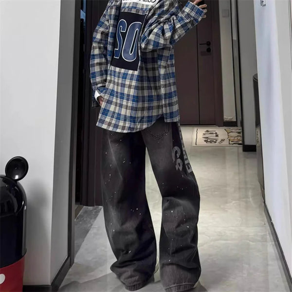 Y2K Printed Wide-Leg Distressed Barrel Jeans