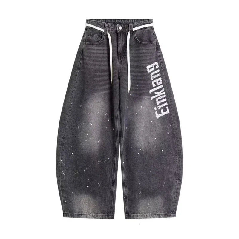 Printed Wide Leg Distressed Barrel Jeans — dettaglio