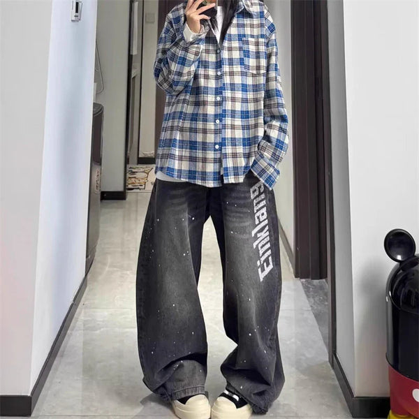 Printed Wide Leg Distressed Barrel Jeans — vista frontale