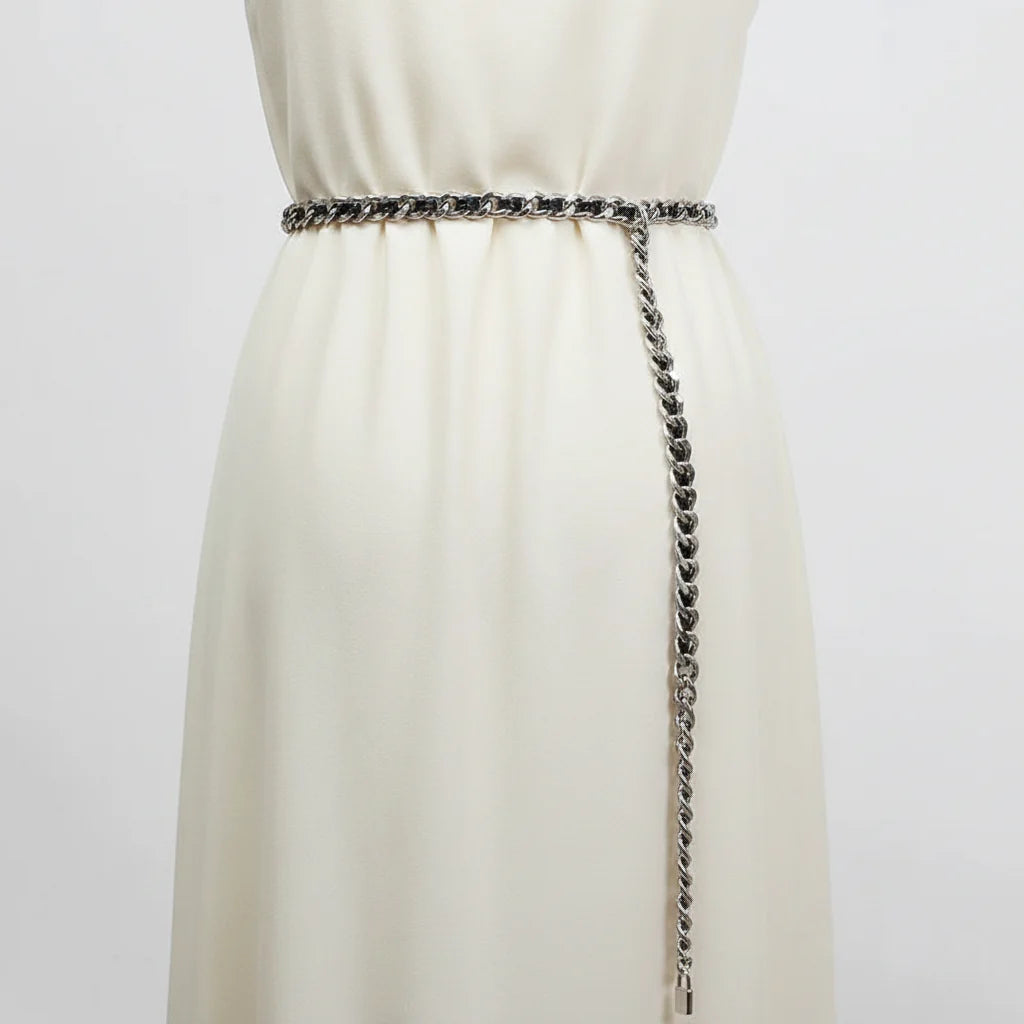 Pu Leather Black Metal Chain Long Body Belt — vista laterale
