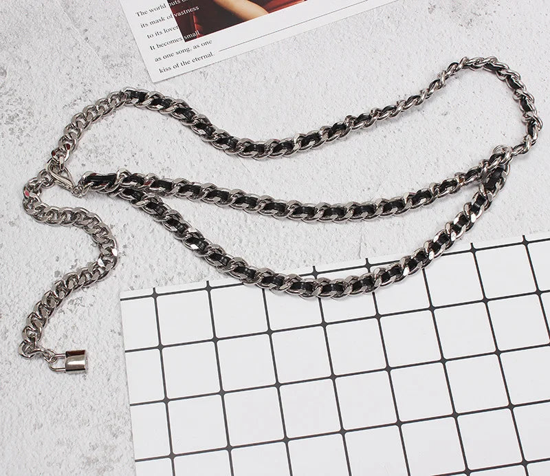 Pu Leather Black Metal Chain Long Body Belt — dettaglio