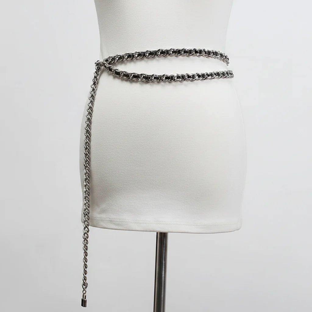 Pu Leather Black Metal Chain Long Body Belt — dettaglio del tessuto