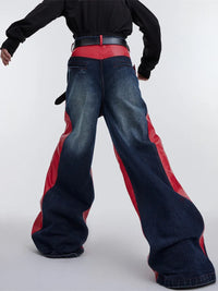 Pu Leather Patchwork Wide Leg Baggy Jeans — dettaglio della stampa
