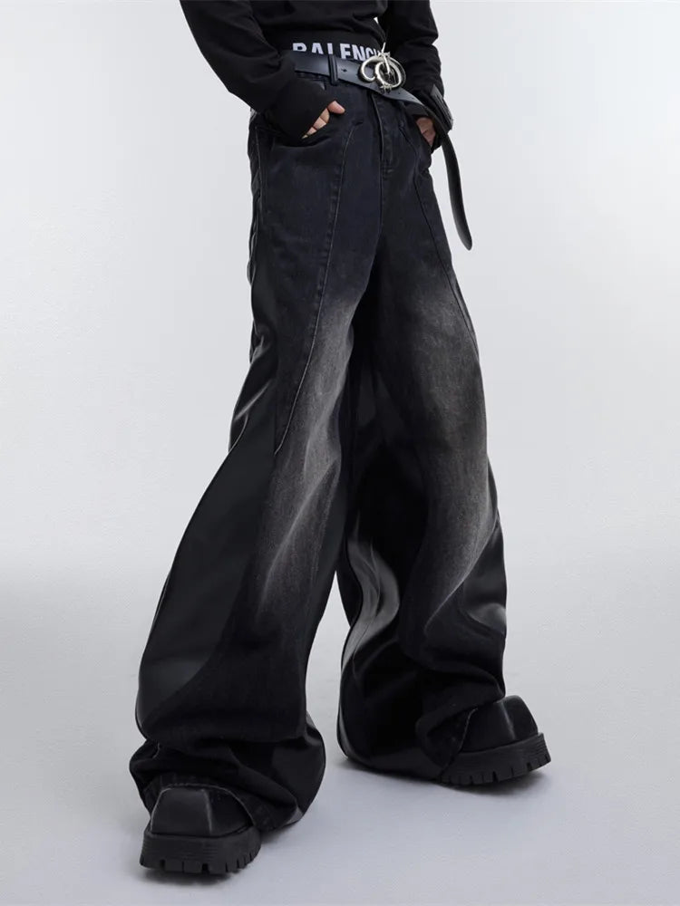 Pu Leather Patchwork Wide Leg Baggy Jeans — dettaglio del tessuto