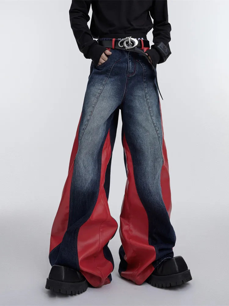 Pu Leather Patchwork Wide Leg Baggy Jeans — vista posteriore