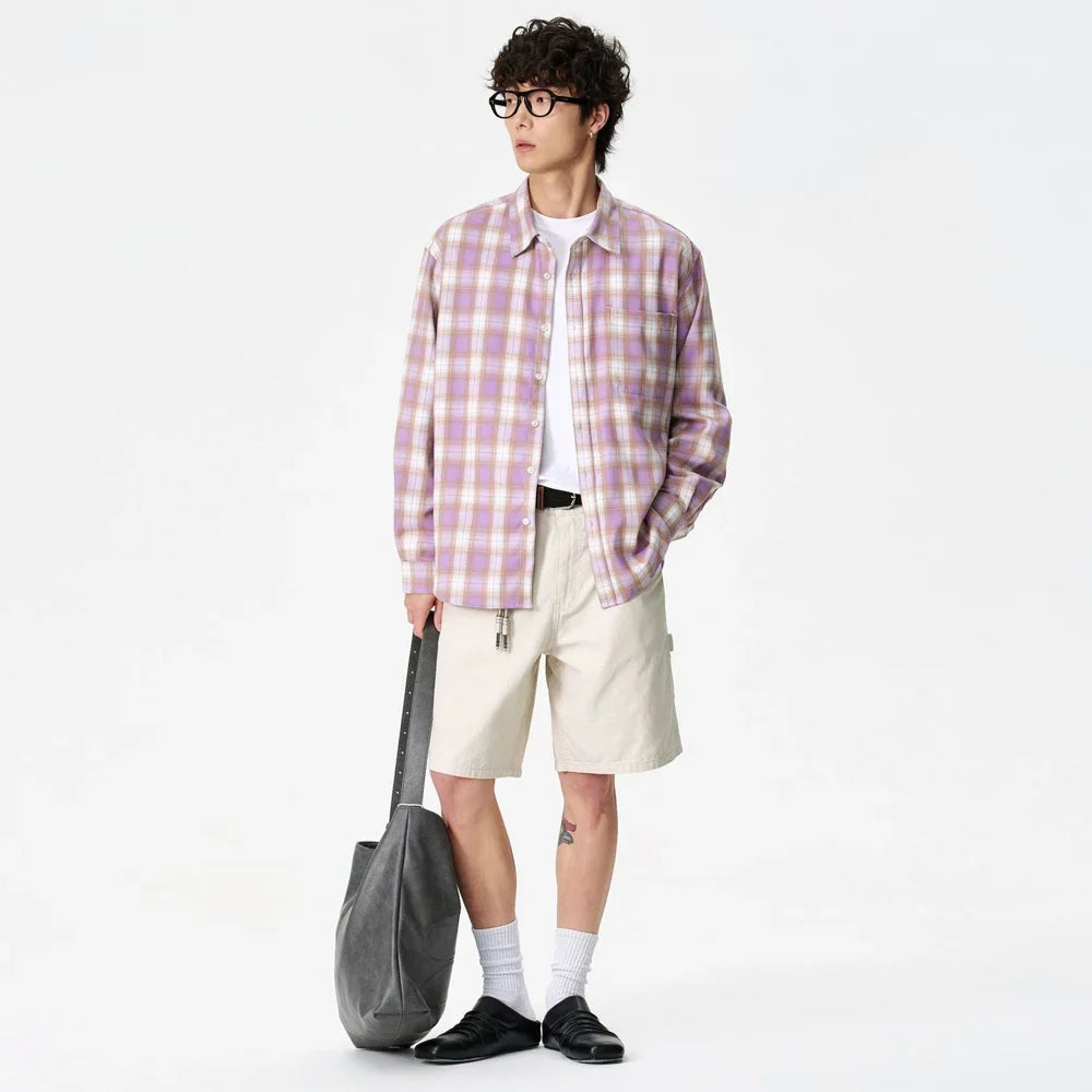 Purple Plaid Long Sleeve Button Down Shirt — vista posteriore