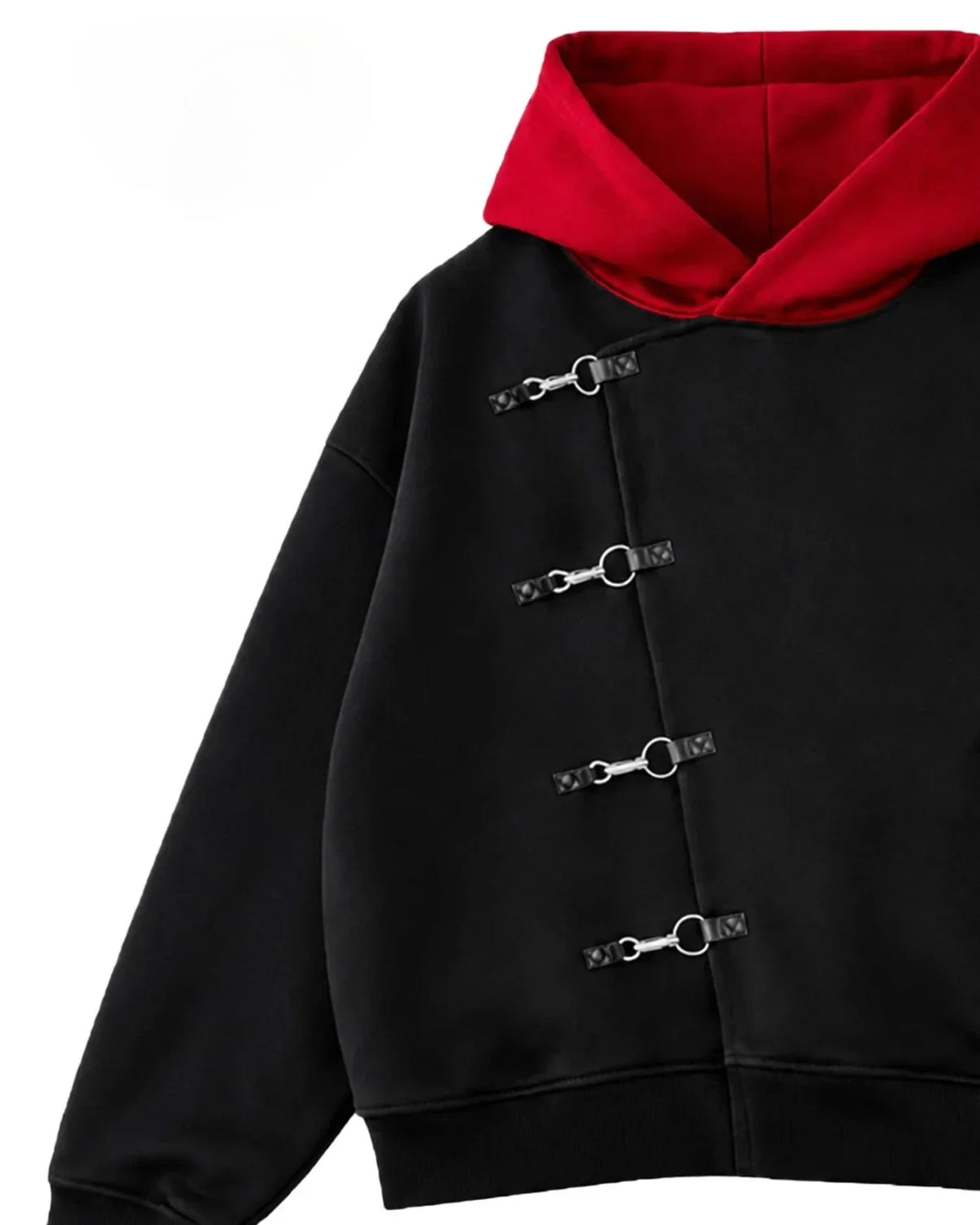 Red Hood Oversized Black Metal Clasp Hoodie — vista laterale