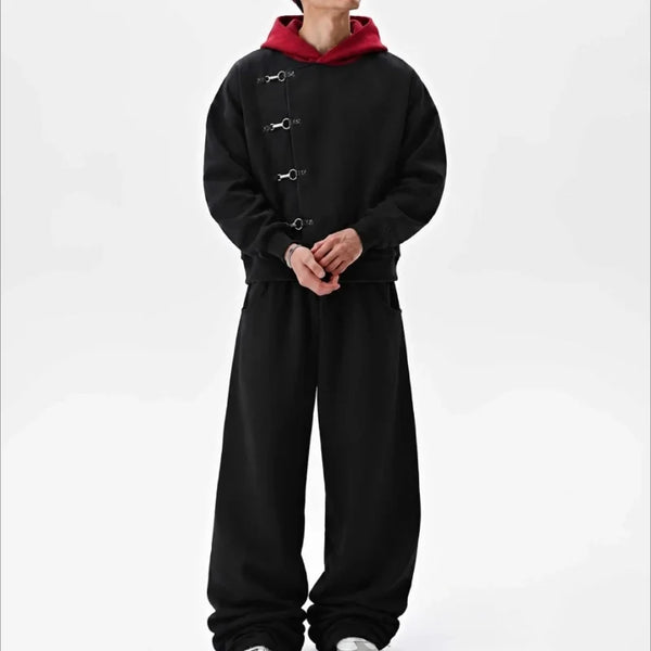 Y2K Red Hood Oversized Black Metal Clasp Hoodie