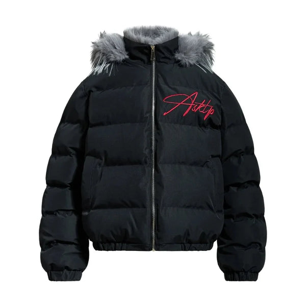 Red Letter Embroidered Faux Fut Hood Padded Jacket Coat — vista frontale