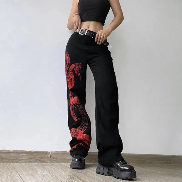 Red Snake Print Graphic Jeans — vista frontale