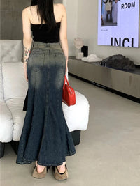 Retro Blue Mermaid Fishtail Denim Long Maxi Skirt — in alternativa